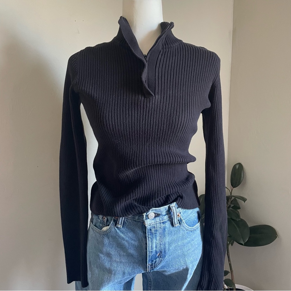 Vintage Minimalist Anne Klein Sport Black Ribbed Zip-Front Mock Neck Sweater